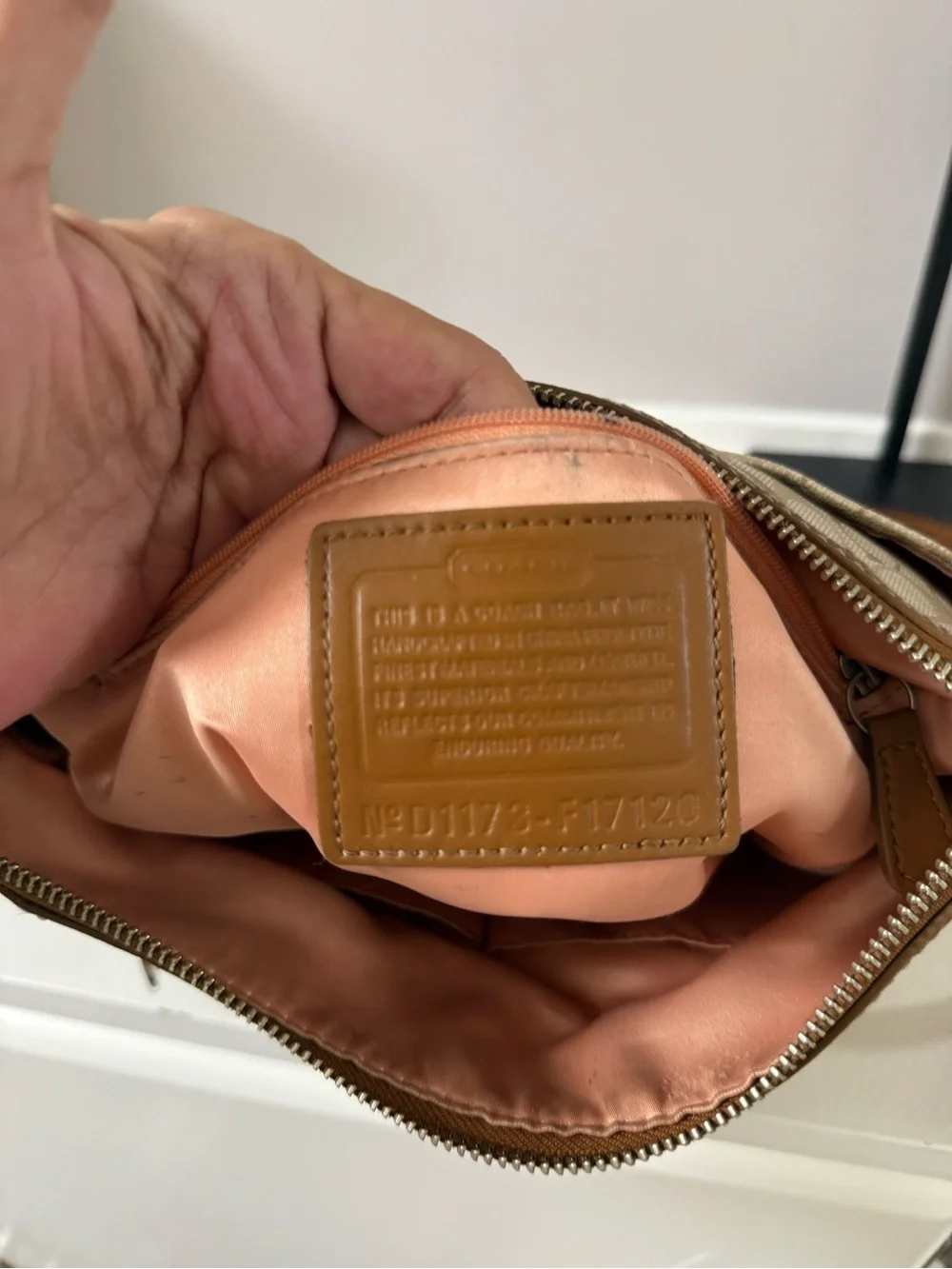 Coach Beige Signature Crossbody with Brown Leather Trim!